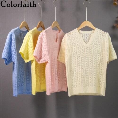Colorfaith New 2021 Women Summer T-Shirt Bottoming Basic V-Neck Cut Out Knitted Vintage Minimalist Style Lady Short Tops T1311