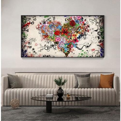 Living Room Decoration Pictures For Home Cuadros Abstract Oil Painting On Canvas Colorful Heart Flowers Poster Wall Art For