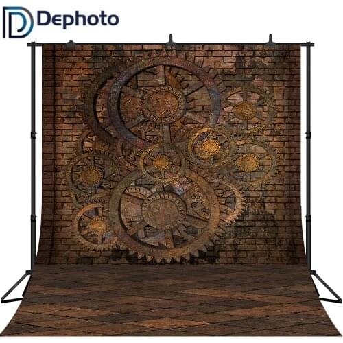 Dephoto Steam Style Backdrop Shabby Rusted Metal Gears Gloomy Brick Wall Photography Background Portraits Photo Studio Props