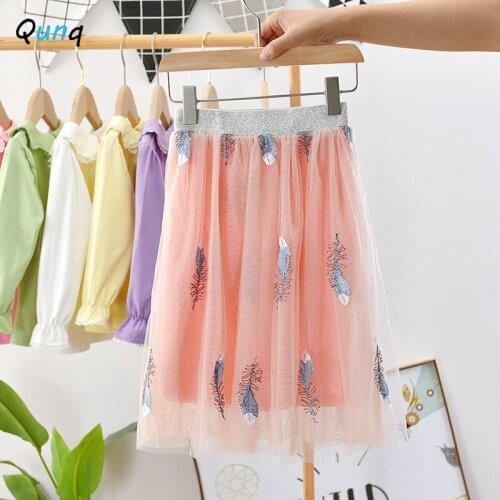 Qunq Toddler Teens Girls Skirt 2021 New Spring Summer Fall Mesh Kids Skirt for Girl Feather Embroidery Children Princess Outfits
