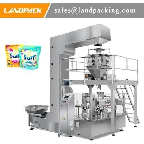 Multi Head Weigher Cleaning Capsule Premade Stand Up Pouch Fill And Seal Machine With Z Type Conveyor