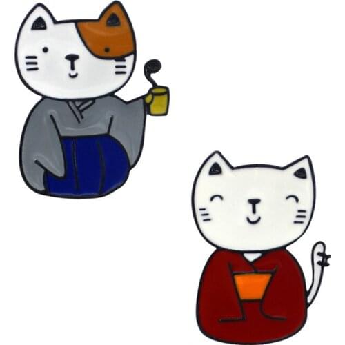Cartoon Cat Metal Enamel Brooch Cute Japanese Kimono Couple Cat Badge Pin Personality Creative Costume Hat Jewelry Accessories