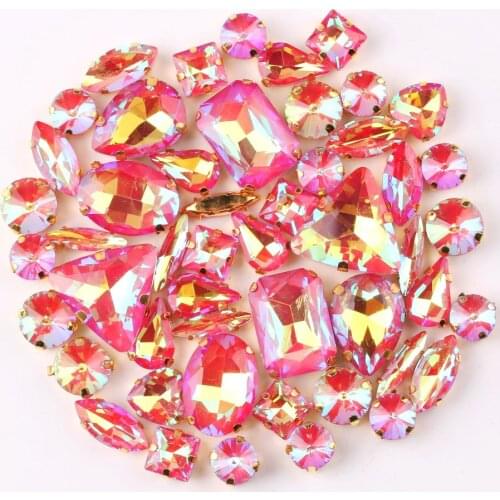 Gold claw setting 50pcs/bag shapes mix jelly candy Red AB glass crystal sew on rhinestone wedding dress shoes bags diy