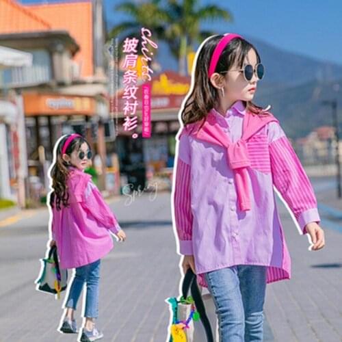 New Girls Striped Shirt Long Sleeve Tops 2021 Casual Pink Loose Patchwork Fall Kids Sweet Girls Shirts for Teenage Girls Clothes