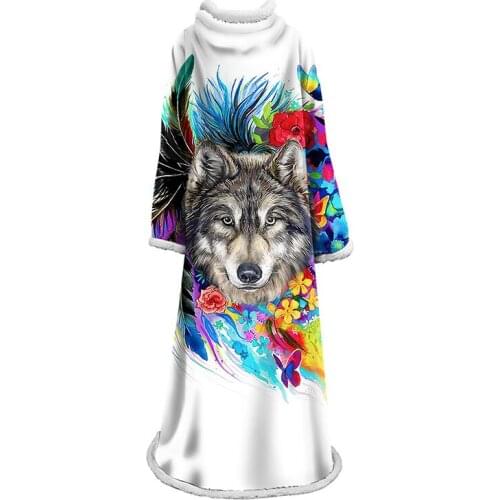 New Wolf Sleeve Blanket For Adults Wolves Painting Plush Throw Blanket for Sofa Bed Sherpa Blanket Animal Bedding With Sleeve