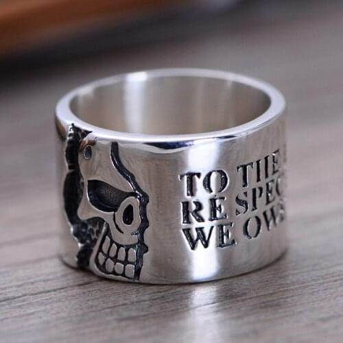 Wholesale S925 Sterling Silver Ring retro Thai silver jewelry skull wide Ring Mens