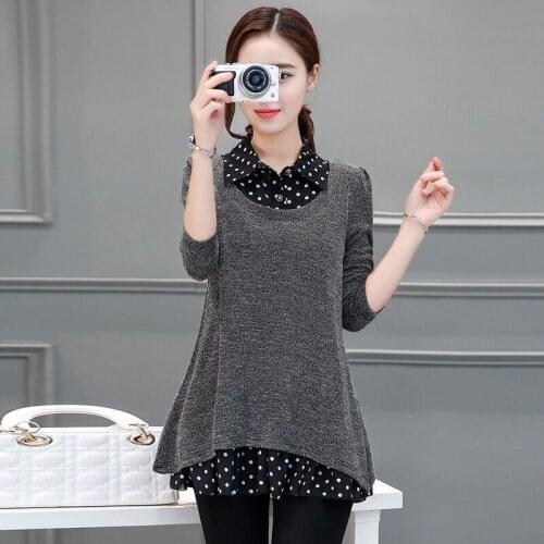 Autumn/winter womens clothing knitted shirts womens t shirts fake two pieces t shirts with fleece or without fleece 5xl size