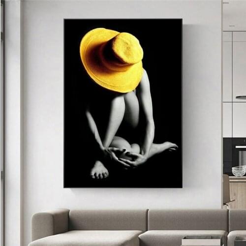 Sexy Nude Woman Canvas Art Painting Modern Posters and Prints Girl Wear Yellow Hat Wall Picture for Living Room Home Decor
