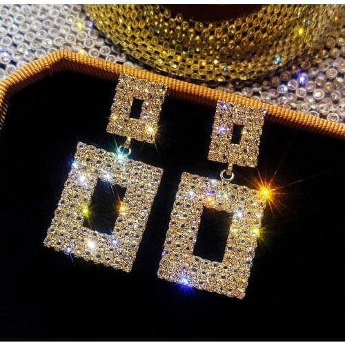 Luxury Shining Crystal Drop Earrings Gold Silver Color Square Rhinestone Dangle Earrings for Women Wedding Party Jewelry