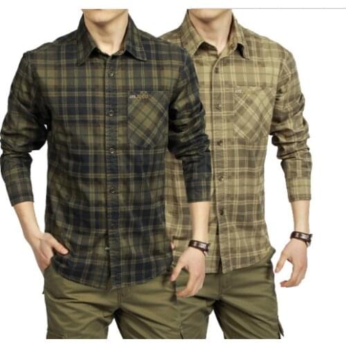 Spring Autumn Casual Men Shirt 100% Cotton Long Sleeve camisetas masculinas Plaid Shirts Army Green Khaki Clothing A0749