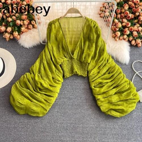 2021 New Spring Autumn Fashion V-neck Lantern Sleeve Shirt pleated design high waist ruched solid color short Shirt Top