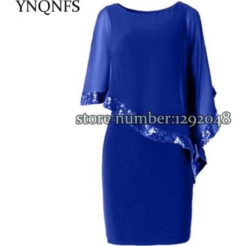 YNQNFS Elegant Chiffon Blue Brides Mother Dress Shawl Sleeve Knee Length Wedding Guest Dress Custom Size 2020