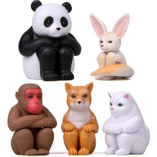 5Pcs Cute PVC Sitting Animal Action Figures Cartoon Panda Monkey Cat Dog fox Model Figure Toys for decoration Doll DIY