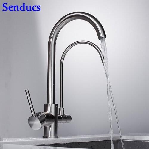 Senducs Brushed Water Filter Faucet Dual Handle Single Hold Brushed Kitchen Faucet Quality Brass Kitchen Sink Filter Faucet