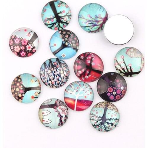 Mix Life Tree 12pcs Glass Cabochon 10/16/18/20/25mm Flatback Dome Cabochon Embellishments Base Setting DIY Accessories Jewelry