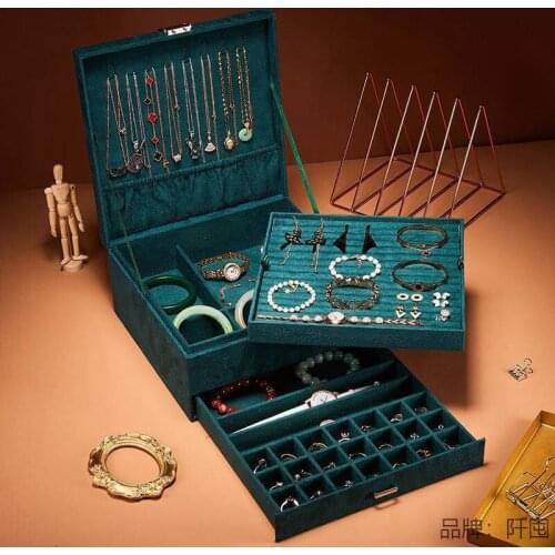 Three-Layers Suede Jewelry Organizer Box Necklaces Earrings Rings Large Storage Case with Lock for Women