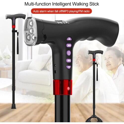 Cane for Elderly Adjustable L-ED Walking Sticks Cane FM Radio MP3 Smart Safety Fall Alarm Walking Stick