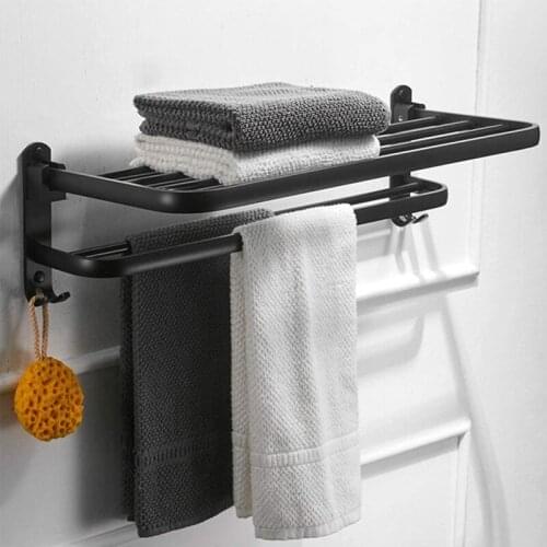 Towel Rack Bathroom Double Holder Aluminum Organizer Hanger Wall Mounted Folding Matte Black Towel Shelf Bath Accessories