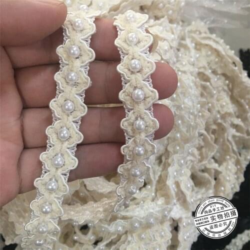 Vintage 15mm Costume Dress Sewing Supplies Craft Beige Pearl Bead Embroidered Lace Trim Braided Ribbon Shirt Collar DIY Material