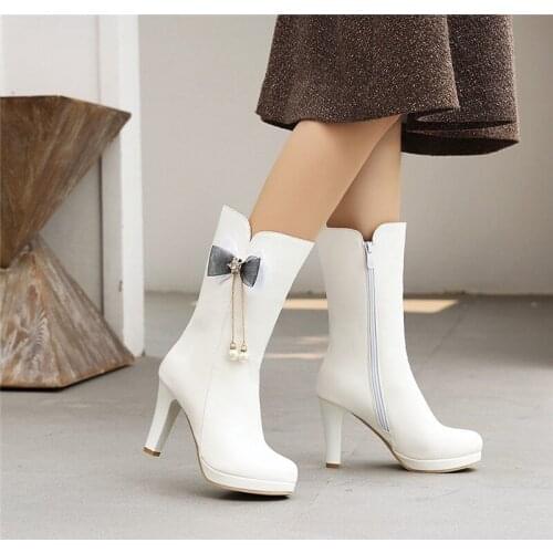 YQBTDL Fashion Autumn 2020 Party Wedding Princess High Heels Boots Women Pink White Black Butterfly-knot Womens Lolita Shoes