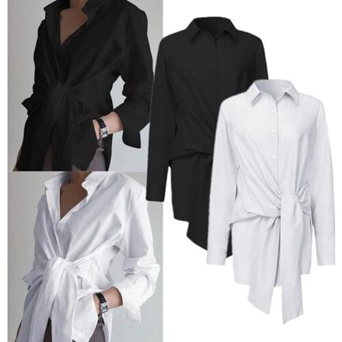 Stylish Lace Up Top Womens Asymmetrical Blouse 2021 Casual Long Sleeve Chemise Female Button Work Blusas Plus Size Tunic