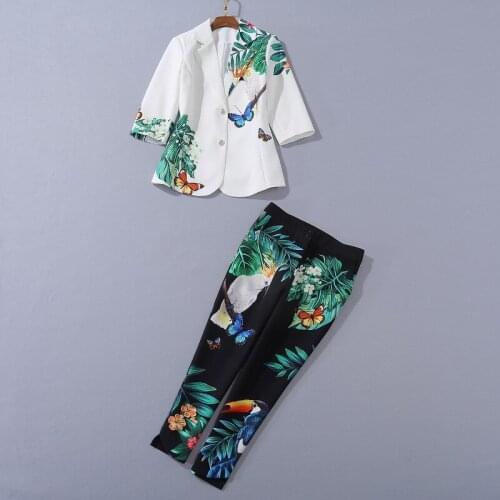 European and American womens wear 2020 winter new style 7 minutes of sleeve Sequined jacket Printed cropped trousers suits