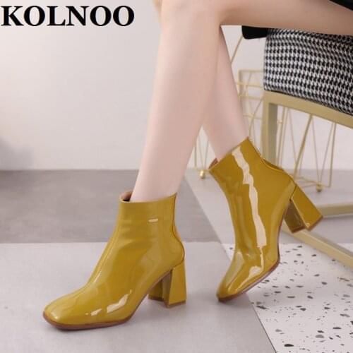 Kolnoo Handmade Newest Real Pictures Womens Chunky Heels Boots Patent Leather Square-Toe Ankle Boots Sexy Evening Fashion Shoes