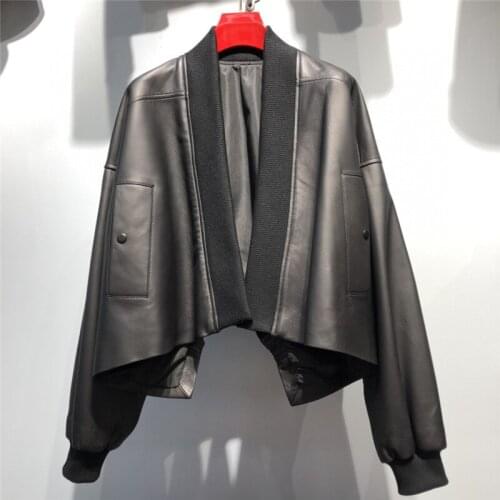 Womens Short Black Motorcycle Jackets Womens Autumn Coats Leather Coat 2021 New Upper And Lower Two-Way Really Leather Jacket