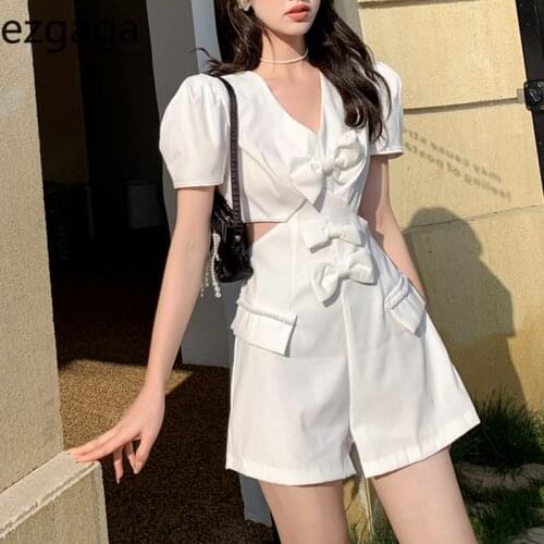 Ezgaga Women Jumpsuit Romper Bodycon Playsuit Short Sleeve High Waist Undefined Elegant Bowknot Hollow Out Wide Leg Playsuit