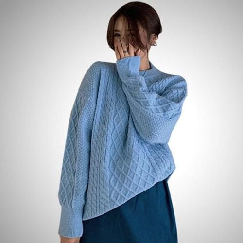 2020 Womens Sweater Korean Version Of Diamond Knit Blue Pullover + Mid-length Fashion Back Split Arm Skirt