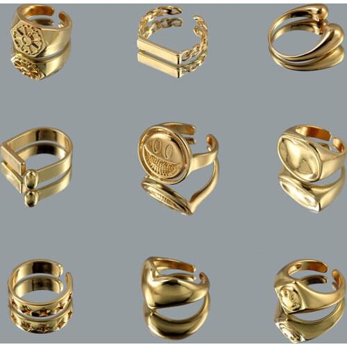 JUST FEEL High Quality Simple Metal Brass Open Rings for Women Geometric Gold Color Cute Smiley Heart Twisted Chain Ring Jewelry