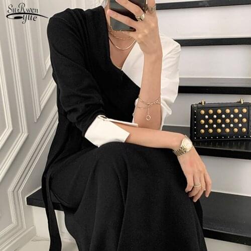 Solid High Waist Dress for Women Robe Femme OL New Korea Style Elegant Long Dresses V Neck A Line Female Dress Clothing 12795