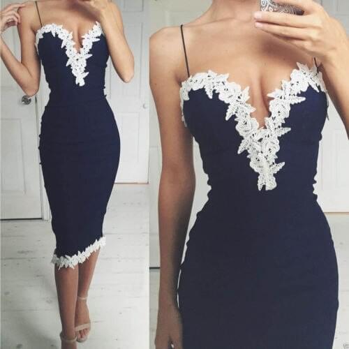 Women Sexy Lace Bodycon Navy Blue V Neck Sleeveless Strappy Evening Party Dresses Ladies Short Mini Dress Clubwear
