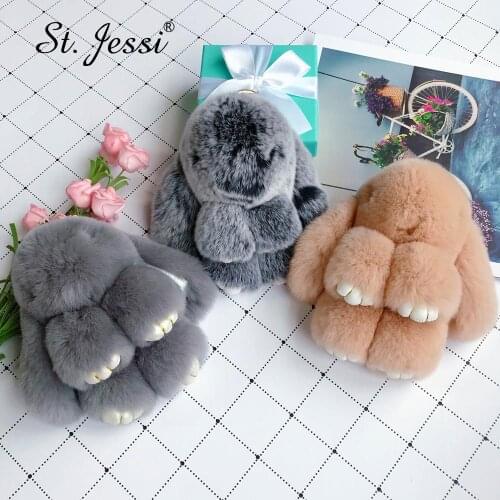 18CM Cute Plush Bunny Rabbit Keychain 100% Real Rex Rabbit Fur Pom Pom Ladys Girls Bag Car Key Mobile Phone Accessories Keyring