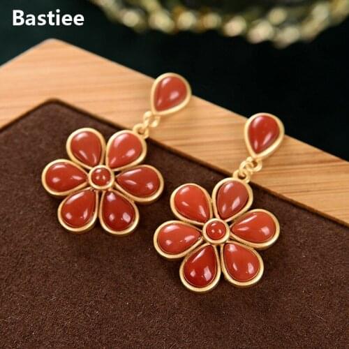 Bastiee Flower Stud Earrings 925 Sterling Silver Jewelry For Women Earings Red Agate Gold Plated Jewellery