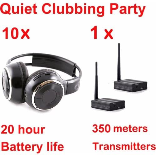 Silent Disco complete system black folding wireless headphones - Quiet Clubbing Party Bundle (10 Headphones + 1 Transmitter)