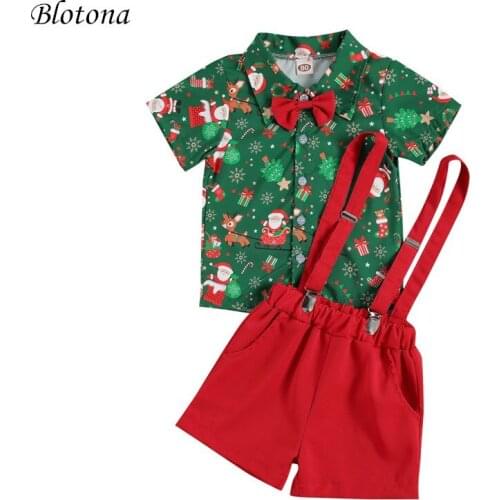 Blotona Toddler Baby Boy Lapel Short Sleeve Shirt Suit Christmas Cartoon Printing Top With Bow Tie+ Overalls Short Pants 6M-4Y