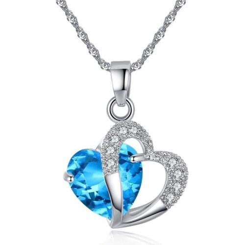 Bule Pink Heart of the Ocean Heart-shaped Crystal Pendant Necklace for Woman Classic Accessories Party Banquet Jewelry Girl Gift