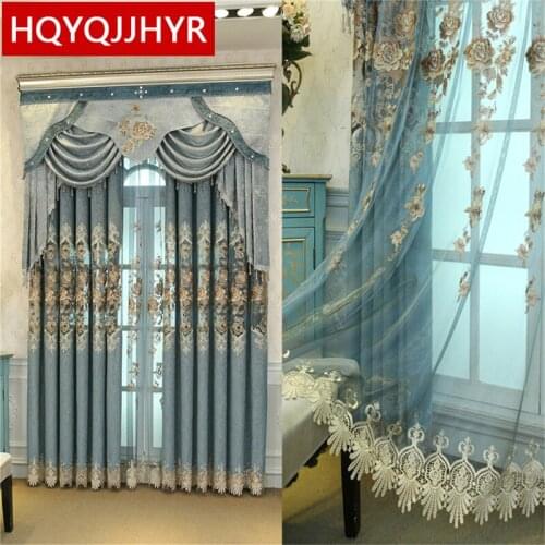Classic Blue Royal Aristocratic Blackout Curtains For Living Room With Europe Luxurious Custom Voile Curtain For Bedroom Windows