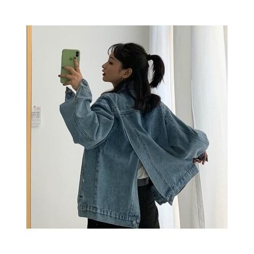 Korean Version Loose long-sleeved Denim Jacket Women Slim Designed Hollow Split Streetwear Teen Girl Causal Thin Jacket Outwear
