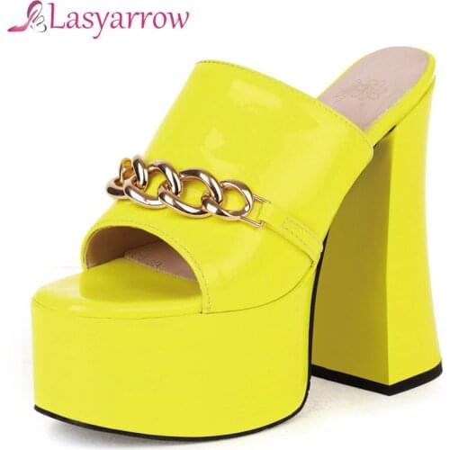 Lasyarrow Sexy Club Party Shoes Women Platform Exetrem High Heels 15cm Summer 2021 Peep Toe Chain Slippers Sandals Yellow