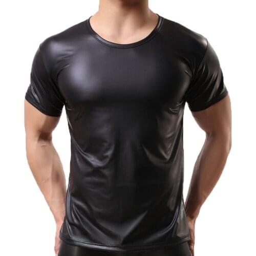 Men Shirts Faux Leather Short Sleeve T Shirts PU Leather Sexy Fitness Tops Gay Latex T-shirt Gay Stage Tee Sexy Party Clubwear
