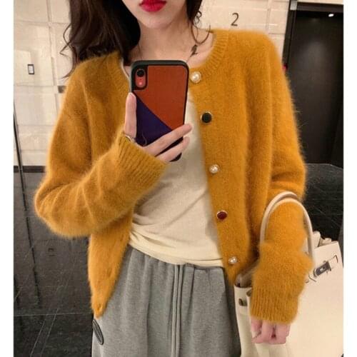 Soft Sweater Autumn OL Mohair Sweater Loose Gentle Mink Cashmere Outwear Velvet Knit Cardigan Pearls Single-breasted Crop Tops