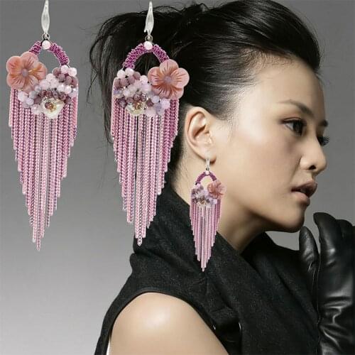 Delicate Handmade Crystal Beaded shell Flower Chain dangle Long Tassel Earrings For Women Party bride Wedding Bohemian Jewelry