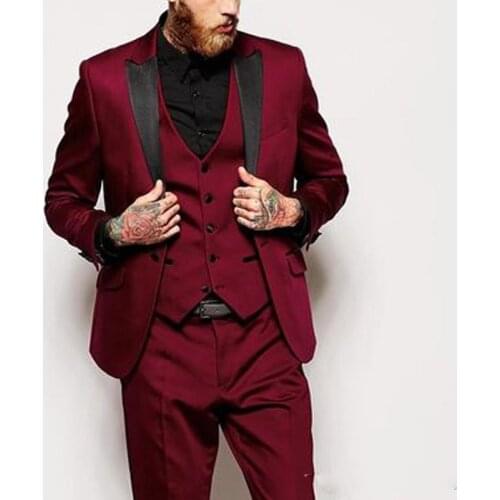 Brand New Burgundy Groom WeddingTuxedos Peak Lapel Groomsmen Costume Homme Mens Blazer Dinner Party Suits (Jacket+Pants+Vest
