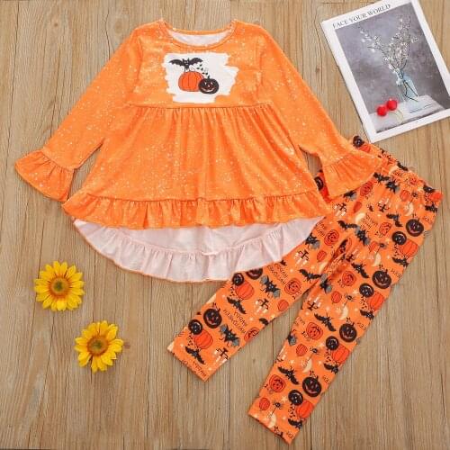 Fall Girls Cartoon Casual Halloween Two-piece Clothes Set Orange Long Flared Sleeves Tops and Elastic Waist Trousers