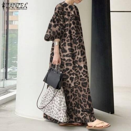 Fashion Leopard Maxi Dress Womens Spring Sundress 2021 ZANZEA Casual Puff Sleeve Long Vestidos Female V Neck Printed Robe Femme