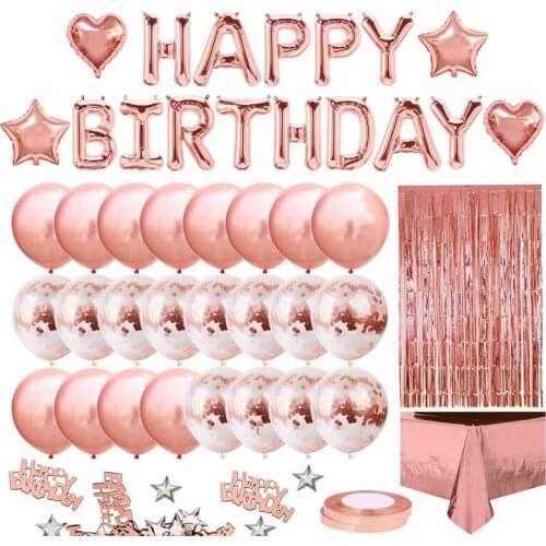 Rose Gold Birthday Party Decor with Happy Birthday Banner, Rose Gold Fringe Curtain Foil Tablecloth, Heart Star Confetti