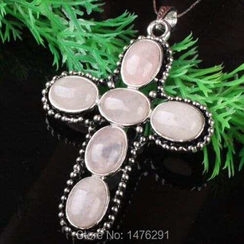 55X70MM Charm Alloy Pink Quartz Beads GEM Cross Pendant 2.9"L