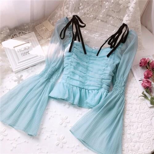 Girls Sweet Princess Slash Neck Straps Ruffled Chiffon Shirts Pleated Blouses Folds Flared Sleeves Crop Tops High Waist Blusas